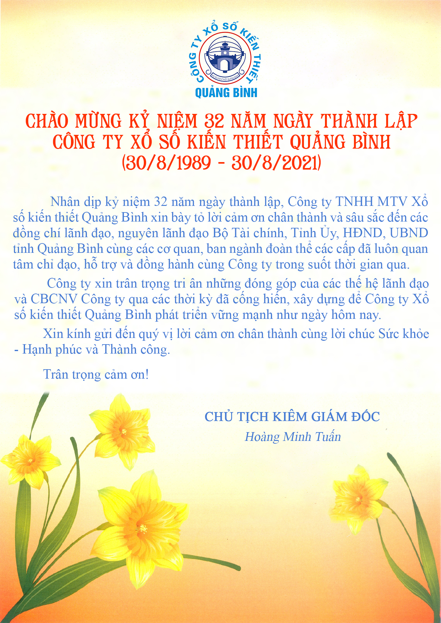 Chào mừng kỷ niệm 32 năm ngày thành lập Công ty Xổ số kiến thiết Quảng Bình (30/8/1989 - 30/8/2021)